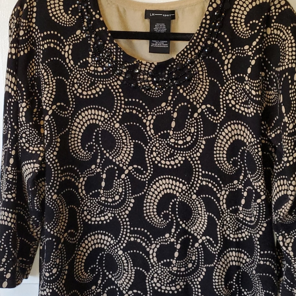 Embellished Collar Black & Tan 3/4 Sleeve Top